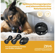 Zeus Chew Chasers Hundespielzeug aus Naturkautschuk mit den Massen 7,6 cm und Symbolen für spülmaschinengeeignet und lebensmittelecht.
