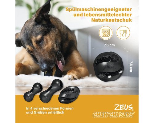 Zeus Chew Chasers Hundespielzeug aus Naturkautschuk mit den Massen 7,6 cm und Symbolen für spülmaschinengeeignet und lebensmittelecht.