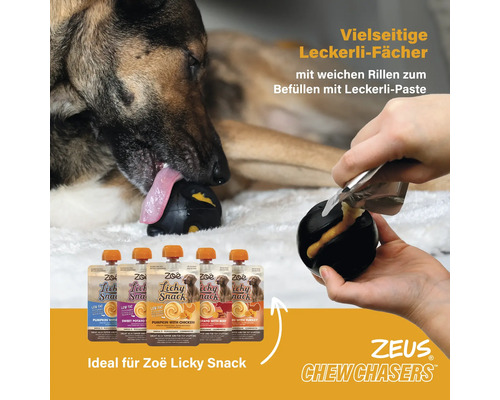 Ein Hund leckt an einem schwarzen Futterball, der mit Leckerli-Paste gefüllt ist, während eine Hand eine weitere Portion Leckerli-Paste in den Ball füllt. Im Vordergrund stehen verschiedene Geschmacksrichtungen von Zoë Licky Snack.