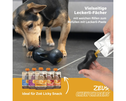 Hundespielzeug mit Leckerli-Fächern und weichen Rillen zum Befüllen mit Leckerli-Paste, geeignet für Zoë Licky Snacks. Zeus Chew Chasers Logo.