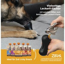 Hund spielt mit einem schwarzen Futterspielzeug von Zeus, gefüllt mit Zoë Licky Snackpaste.