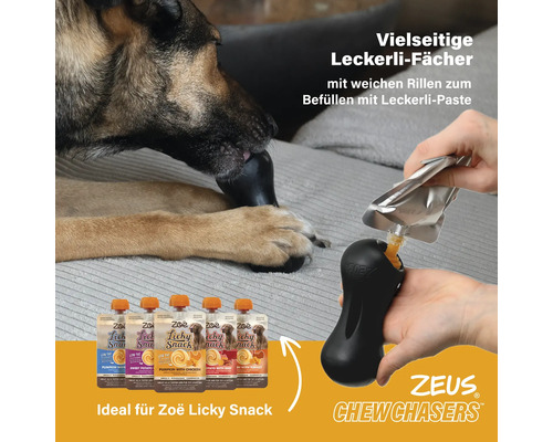 Hund spielt mit einem schwarzen Futterspielzeug von Zeus, gefüllt mit Zoë Licky Snackpaste.