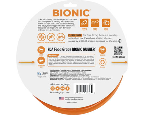 Informationen zu Bionic Hundespielzeug: Zum Werfen, Ziehen, Rollen, aus lebensmittelechtem Gummi, schwimmfähig, spülmaschinenfest, recycelbar und Videos zum Testen.