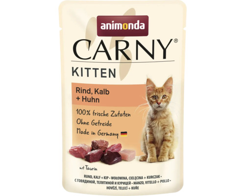 Katzenfutter nass Animonda Carny Kitten Rind & Kalb 85 g Animonda Carny Kitten Katzennahrung mit Rind, Kalb und Huhn im Frischebeutel.