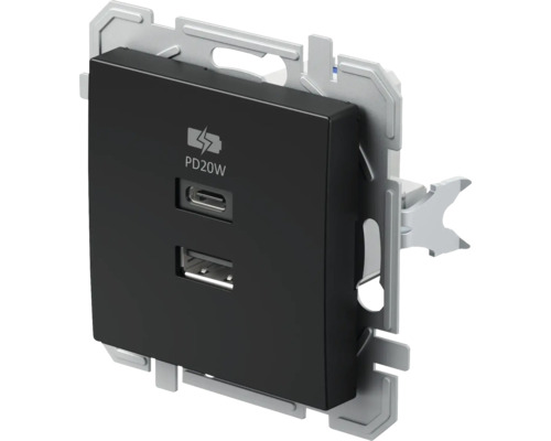 USB-Steckdose TEM unterputz IP 20, schwarz USB-Steckdoseneinsatz mit USB-A- und USB-C-Anschluss