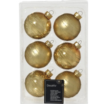 Sechs Christbaumkugeln aus Glas mit Dekor im Karton