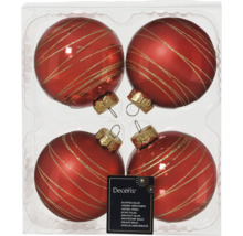 Vier rote Weihnachtskugeln aus Glas mit goldenen Streifen in einer Verpackung.