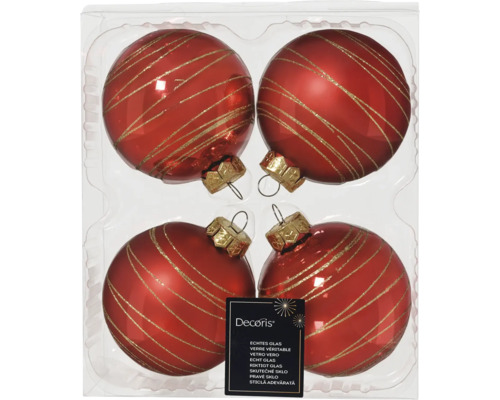 Vier rote Weihnachtskugeln aus Glas mit goldenen Streifen in einer Verpackung.