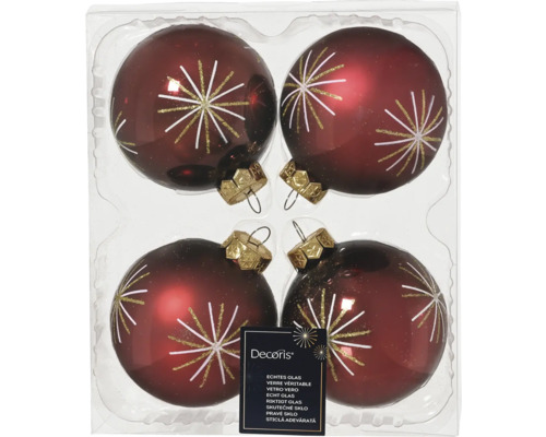 Weihnachtsbaumkugeln Glas Ø 8 cm dunkelrot 4 Stück Vier Christbaumkugeln aus Glas mit Sternmuster in Verpackung