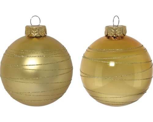 Zwei Christbaumkugeln mit glitzernden Linien