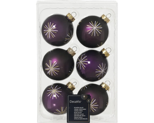 Weihnachtsbaumkugeln Glas Ø 6 cm purpur 6 Stück Packung mit sechs violetten Weihnachtskugeln aus Glas mit Sternmuster
