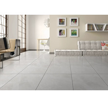 Heller Wohnraum mit Bodenfliesen, Sofa und Dekoration