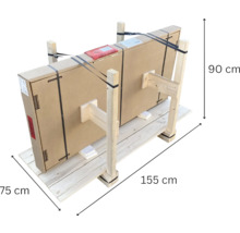 Verpacktes Produkt auf Holzpalette mit den Maßen 90 cm Höhe, 155 cm Länge und 75 cm Breite.
