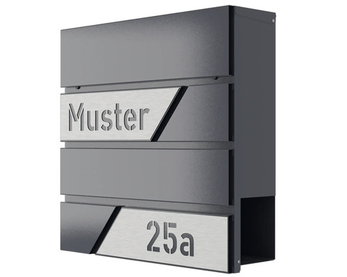 Wandbriefkasten HEIDEMANN DESIGNline BK1 38x38x11 cm, mit Personalisierung, anthrazit Anthrazitfarbener Briefkasten mit dem Wort Muster und der Nummer 25a