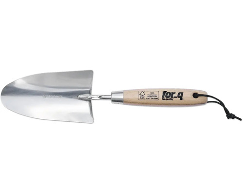 Gartenkelle aus Edelstahl mit Holzgriff und for_q Logo