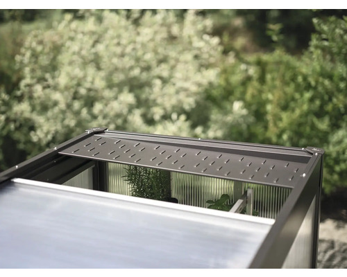 Abdeckung Biohort Florentina 4,7 cm grau Detailansicht eines Gewächshauses mit geöffnetem Dachfenster zur Belüftung.