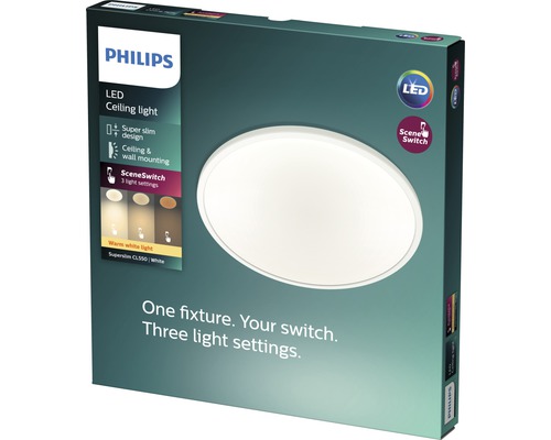 Verpackung einer Philips LED Deckenleuchte mit verschiedenen Lichteinstellungen