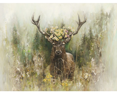 Leinwandbild Deer With Flowers 57x77 cm