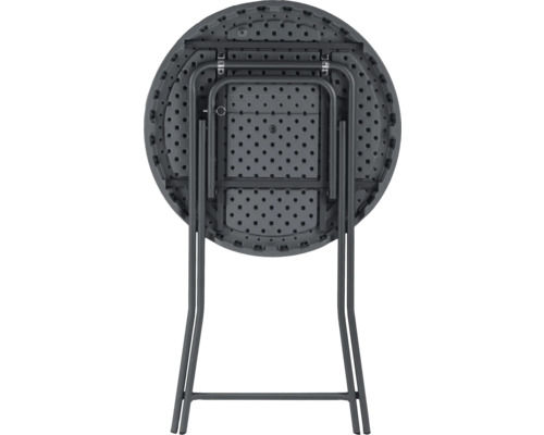 Zusammengeklappter runder Klapptisch mit Stahlgestell