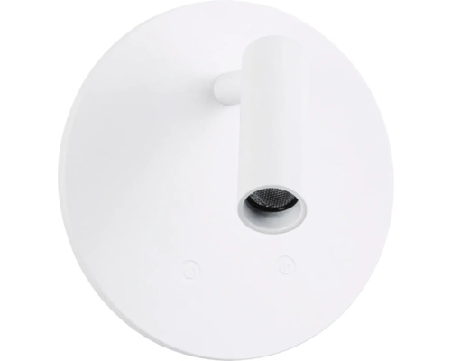 Weiße Wandleuchte mit rundem Sockel und zylindrischem Lampenkopf