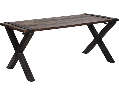 Tisch mit Holzplatte und Metallgestell in X-Form