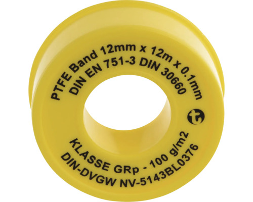 Gelbes Dichtungsband aus Polytetrafluorethylen mit den Maßen 12 mm x 12 m x 0,1 mm