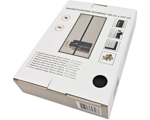 Verpackung eines schwarzen Magnetvorhangs, 100 x 210 cm, aus Polyester.