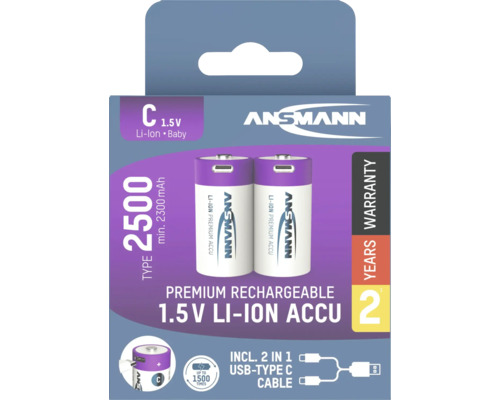 Ansmann C Baby Lithium-Ionen Akku mit 2500 mAh und USB-Typ-C-Kabel im Lieferumfang