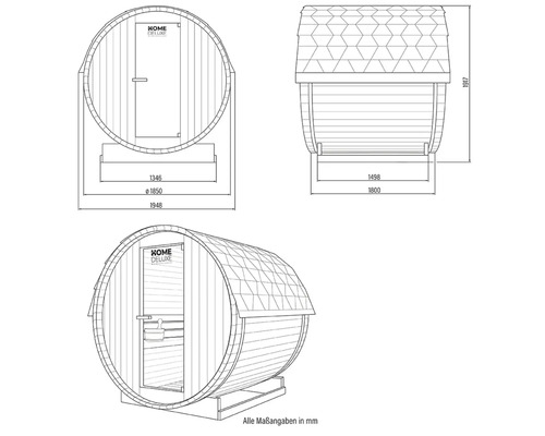 Technische Zeichnung einer Fasssauna mit Maßangaben