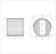 Technische Zeichnung einer Fasssauna mit Maßangaben