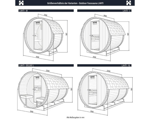 Größenvergleich der Outdoor Fasssauna LAHTI in verschiedenen Varianten