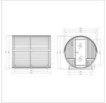 Technische Zeichnung einer Fasssauna mit Maßangaben.