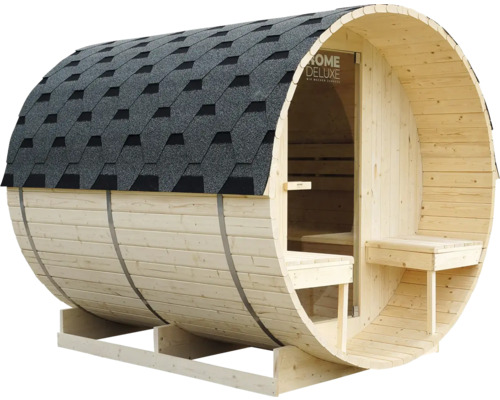 Fasssauna Home Deluxe Lahti L inkl. 8 KW u.integr.Steuerung mit Ganzglastüre aus Klarglas Fasssauna mit Schindeldach