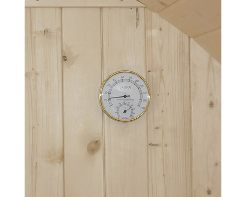 Sauna-Thermometer und Hygrometer an einer Holzwand