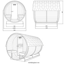 Technische Zeichnung einer Fasssauna mit Maßangaben