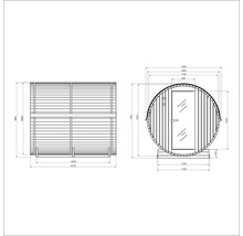 Technische Zeichnung einer Fasssauna mit Maßangaben