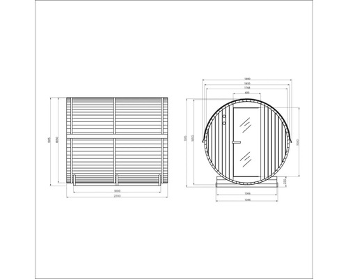 Technische Zeichnung einer Fasssauna mit Maßangaben