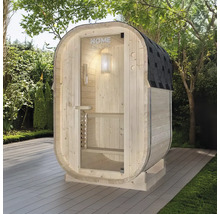 Sauna aus Holz mit Glastür und Dachpappe im Garten.