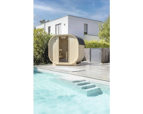 Saunahaus Home Deluxe Cube M inkl. 3,6 kW u.integr.Steuerung mit Ganzglastüre aus Klarglas Freistehende Sauna neben Pool im Garten
