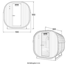 Technische Zeichnung einer Fasssauna mit Maßangaben