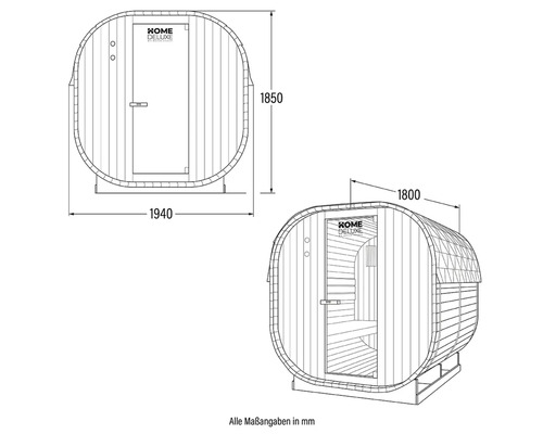 Technische Zeichnung einer Fasssauna mit Maßangaben