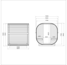 Technische Zeichnung einer Fasssauna mit Maßangaben