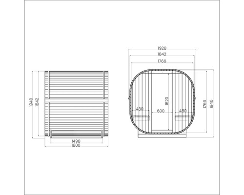 Technische Zeichnung einer Fasssauna mit Maßangaben