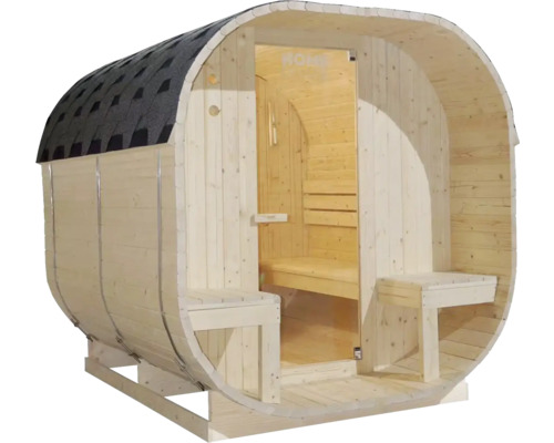 Holzfass Sauna mit Dachschindeln und Bänken