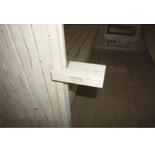 Innenansicht einer Sauna mit Home Deluxe Logo auf einer Holzhalterung