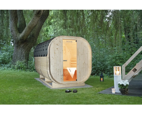 Saunahaus Home Deluxe Lahti XL inkl. 8 kW u.integr.Steuerung mit Ganzglastüre aus Klarglas Fasssauna aus Holz im Garten mit Beleuchtung