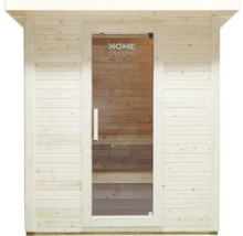 Sauna aus Holz mit Glastür und Home Deluxe Logo