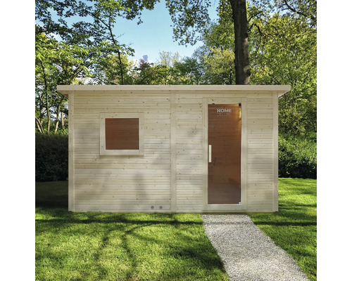 Saunahaus Home Deluxe Talos XL inkl. 8 kW u.integr.Steuerung mit Ganzglastüre aus Klarglas Holzsauna mit Fenster und Glastür im Garten