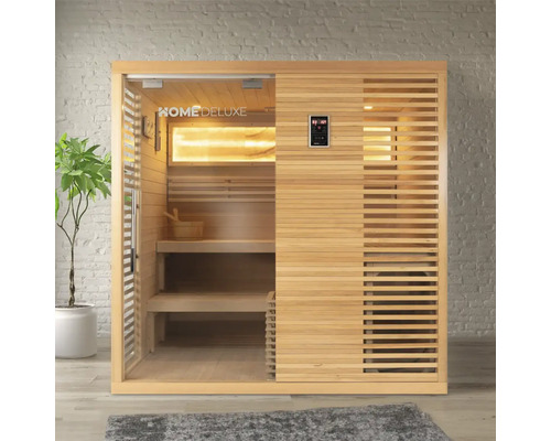 Massivholzsauna Home Deluxe Neola ink.7,5 kW Ofen u.ext.Steuerung mit Ganzglastür aus Klarglas Holzsauna mit Glastür, Bänken und digitalem Bedienfeld