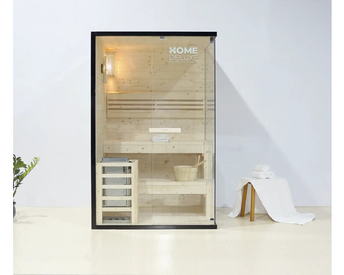 Massivholzsauna Home Deluxe Shadow M schwarz inkl. 3,6 kW u.integr. Steuerung mit großer Ganzglasfensterfront Freistehende Sauna mit Holzverkleidung, Glasfront und Inneneinrichtung